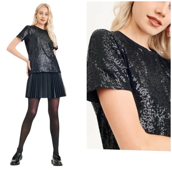 DKNY SS TEE SHIRT M 100% COTTON SEQUINS ELEVATED CASUAL SHIMMERY DAY TO DATE - Picture 1 of 12